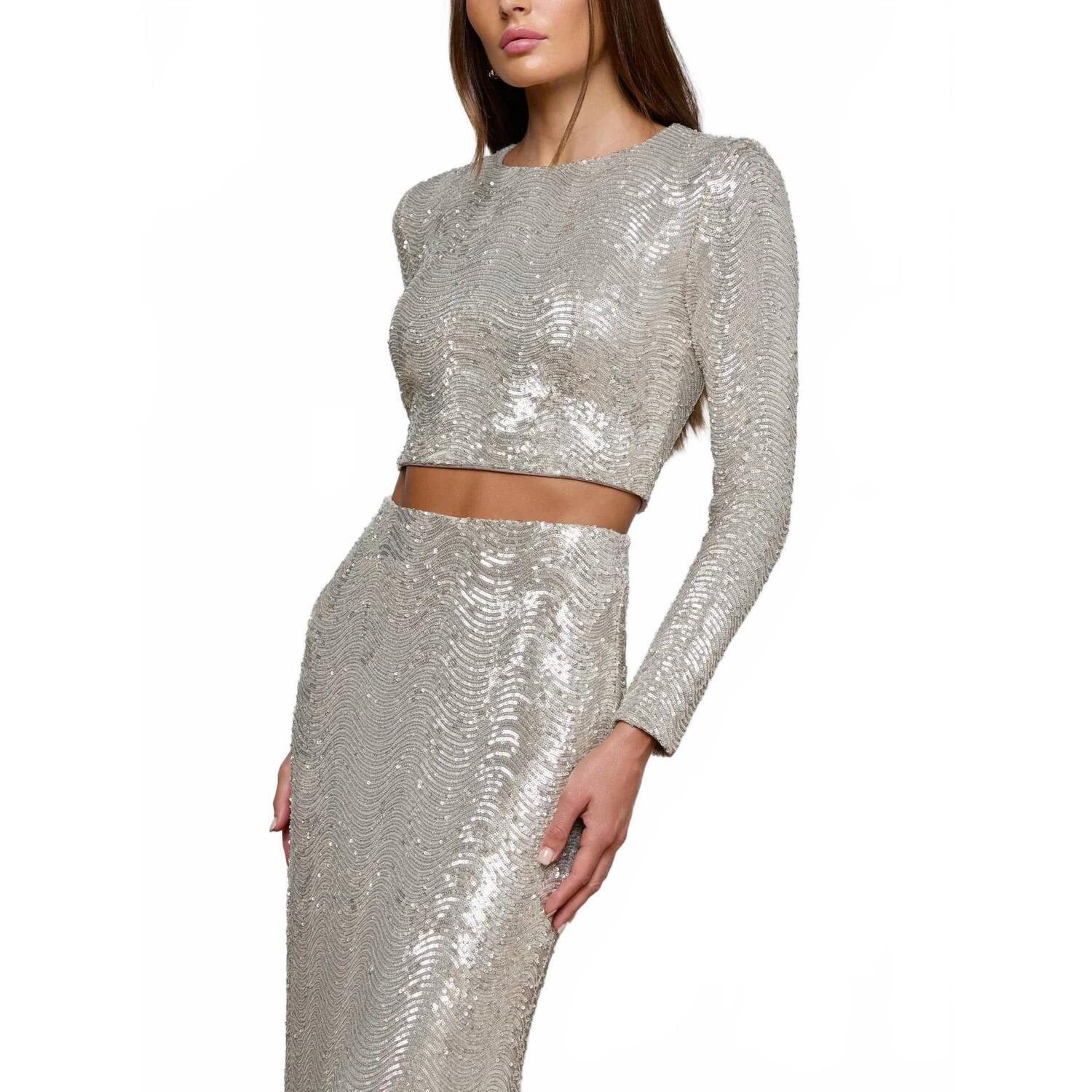 New L'agence Rogan Sequin Cropped Top In Silver